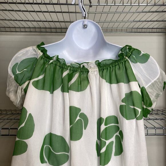 Milly Womens Green White Floral Silk Blouse Size 2 Peasant Boho Whimsical Modern - Picture 10 of 11